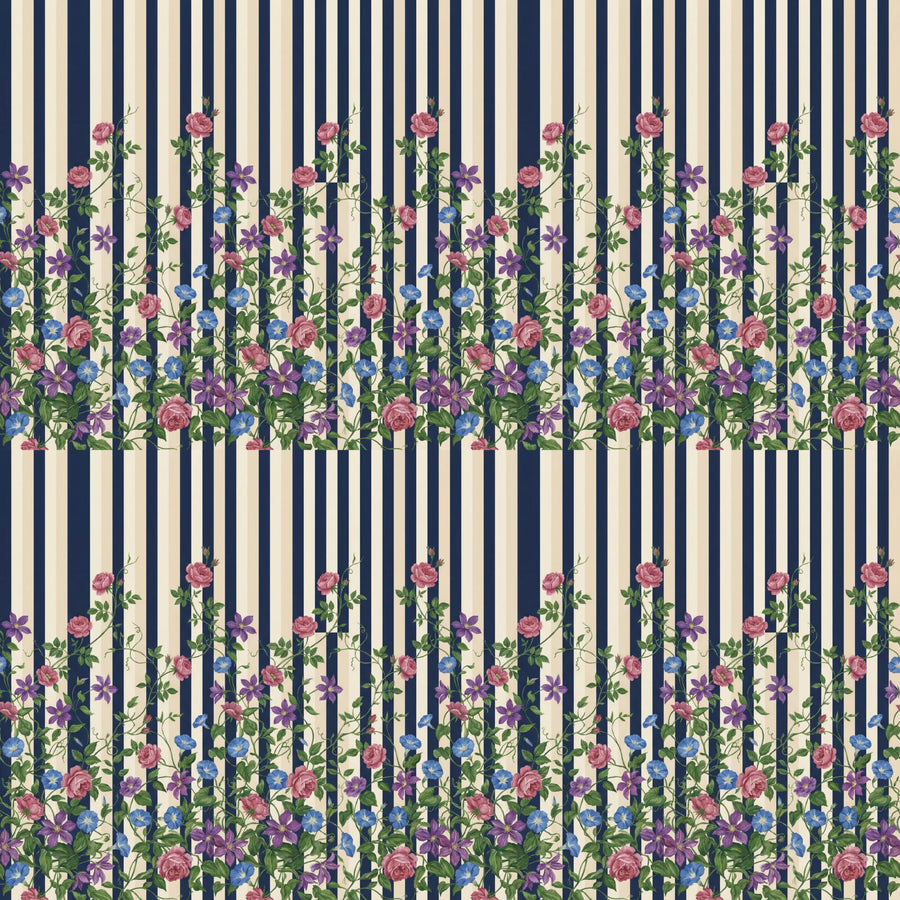 Bold vertical stripes meet climbing botanicals in a witty clash of design. Navy, cream, rose pink, and purple. Made to order.