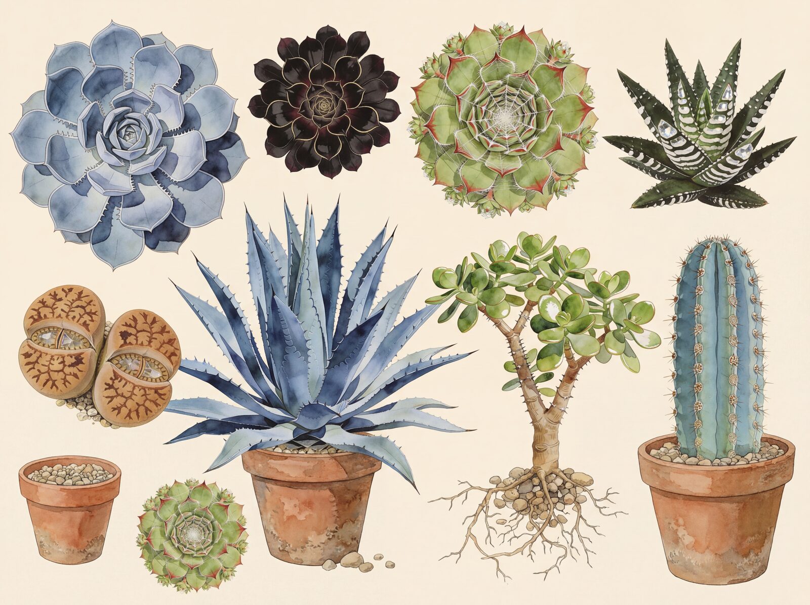 Explore the geometric perfection of succulents in blue-grey, near-black, and jade green. Made to order.