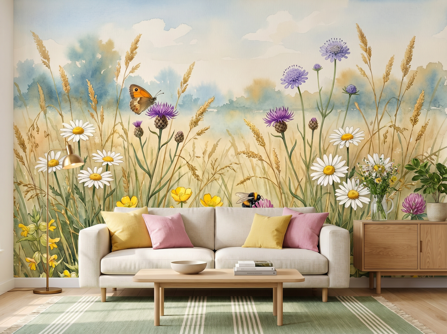 Summer Meadow scenic wallpaper mural on the feature wall of an English-country bedroom, in a golden yellow-and-ochre palette — The Wall Shawl.