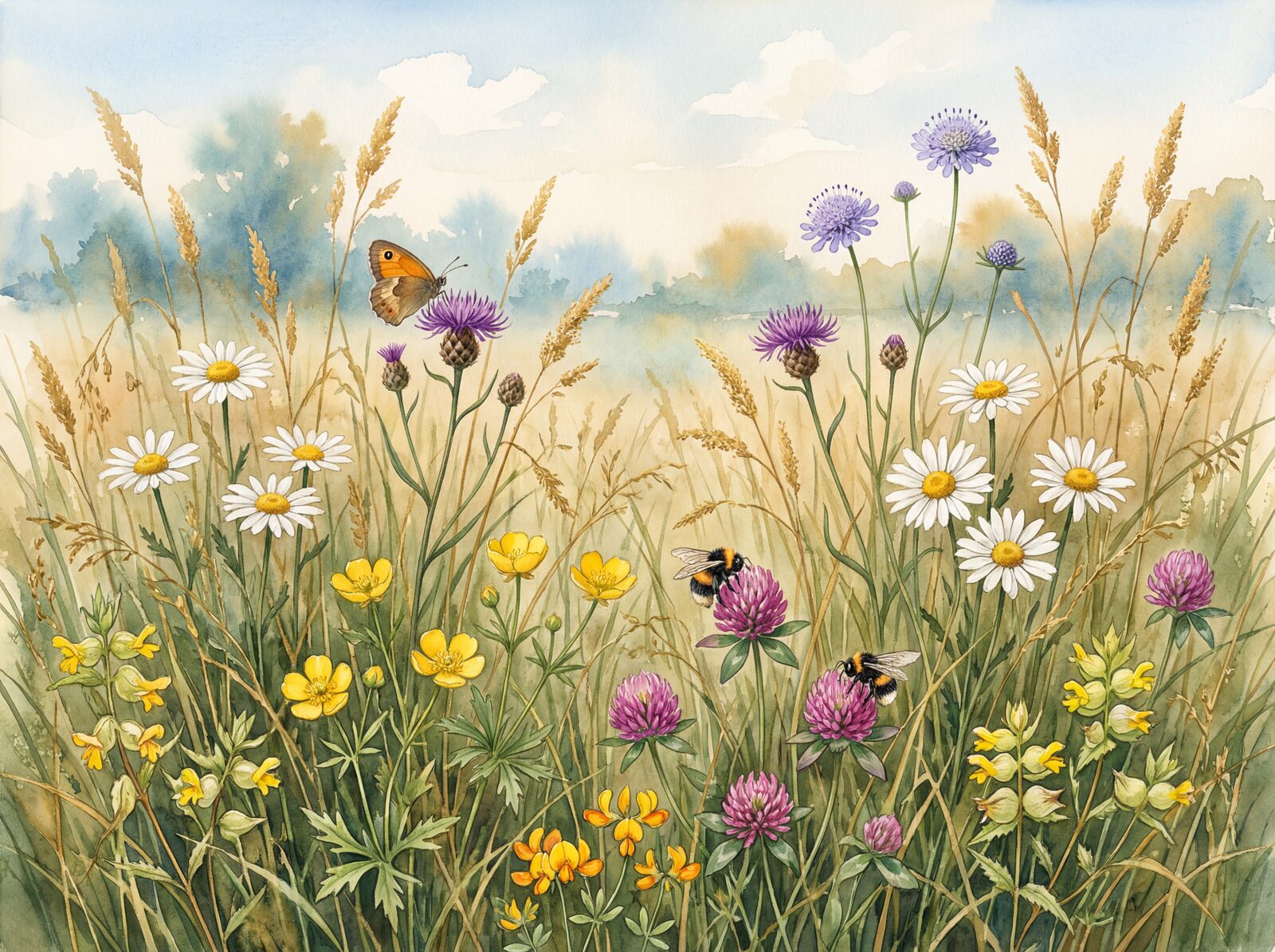 Vibrant English garden scene with ox-eye daisies, knapweed, and buttercups. Made to order.