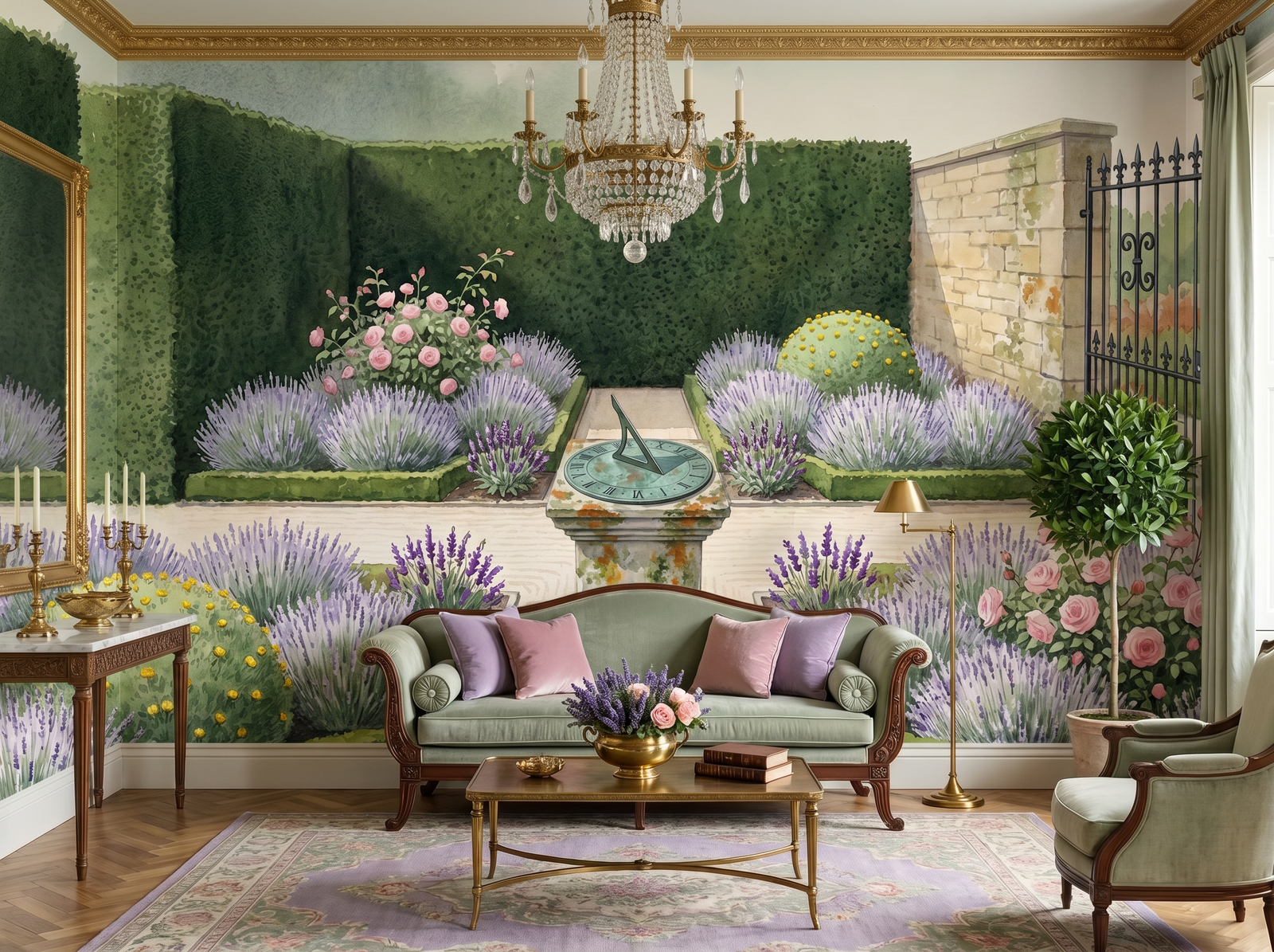 Sundial Garden scenic wallpaper mural on the feature wall of an English-country study, in a moody black-and-charcoal palette — The Wall Shawl.