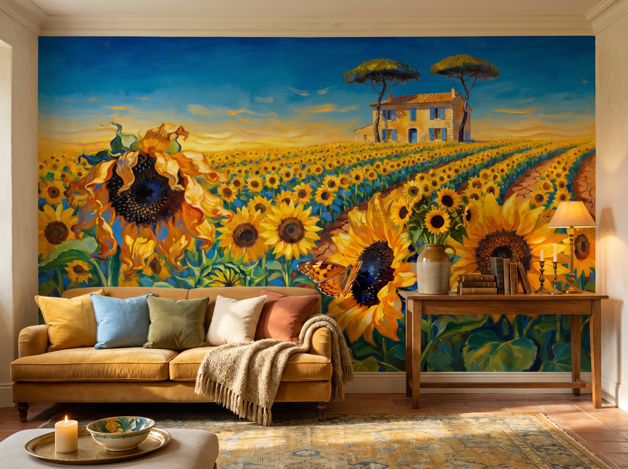 Sunflower Field scenic wallpaper mural on the feature wall of an English-country kitchen, in a golden yellow-and-ochre palette — The Wall Shawl.