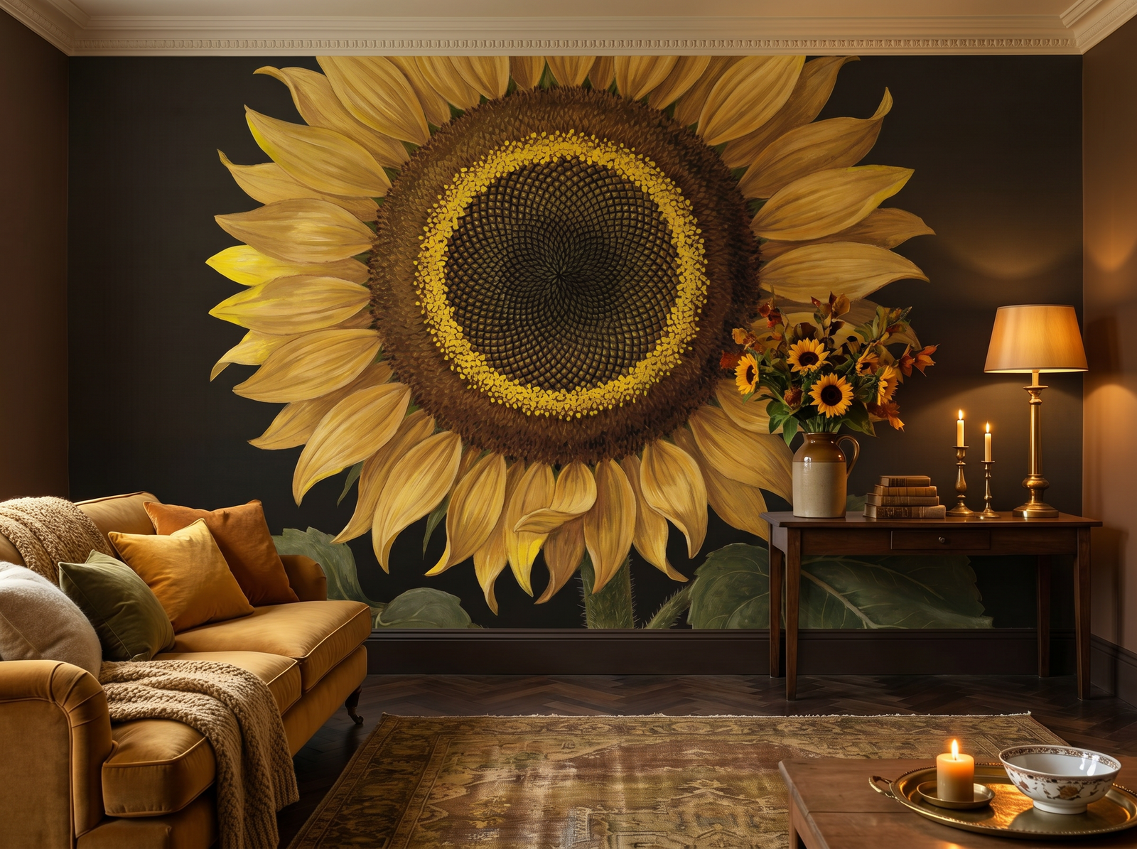Sunflower Head scenic wallpaper mural on the feature wall of an English-country kitchen, in a moody black-and-charcoal palette — The Wall Shawl.