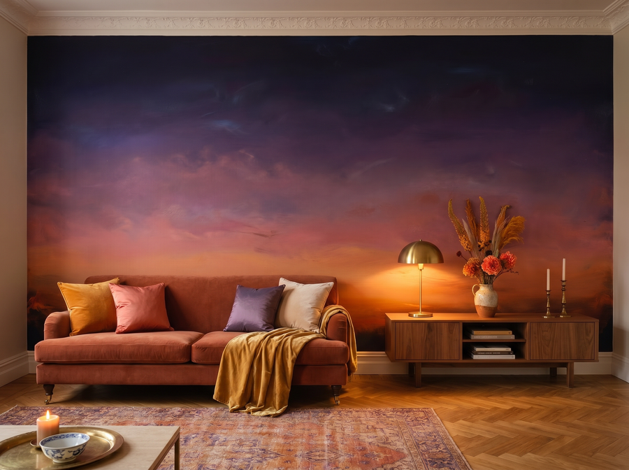 Sunset Gradient scenic wallpaper mural on the feature wall of a contemporary living room, in a soft grey palette — The Wall Shawl.