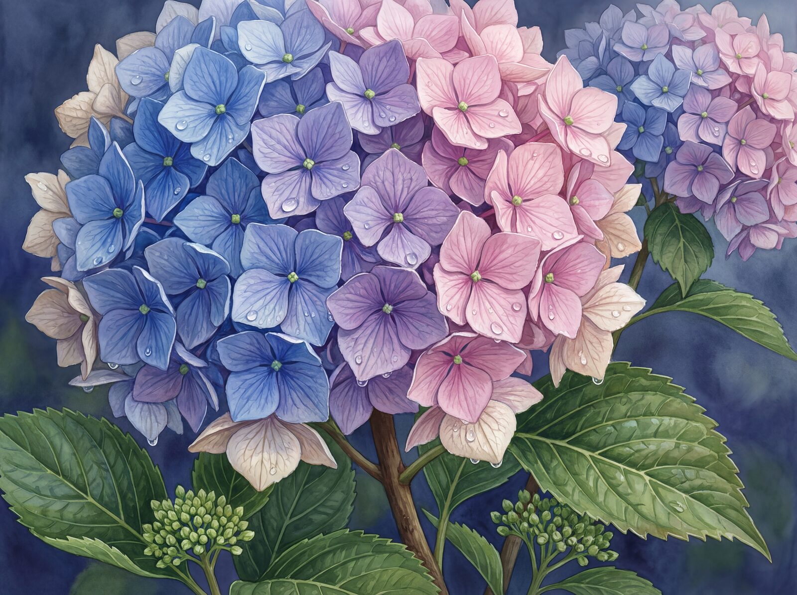 Immerse yourself in a giant hydrangea bloom, transitioning from blue to violet to pink. Made to order.