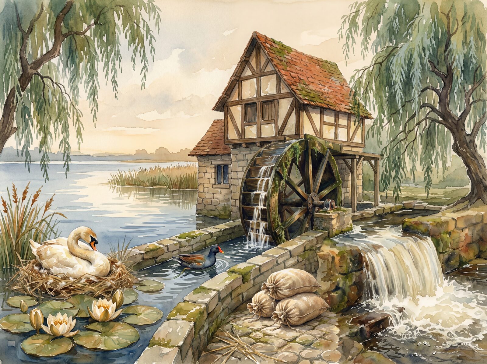 Medieval watermill scene with Mill Timber, Stone Base, and Wheel Green tones. Made to order.