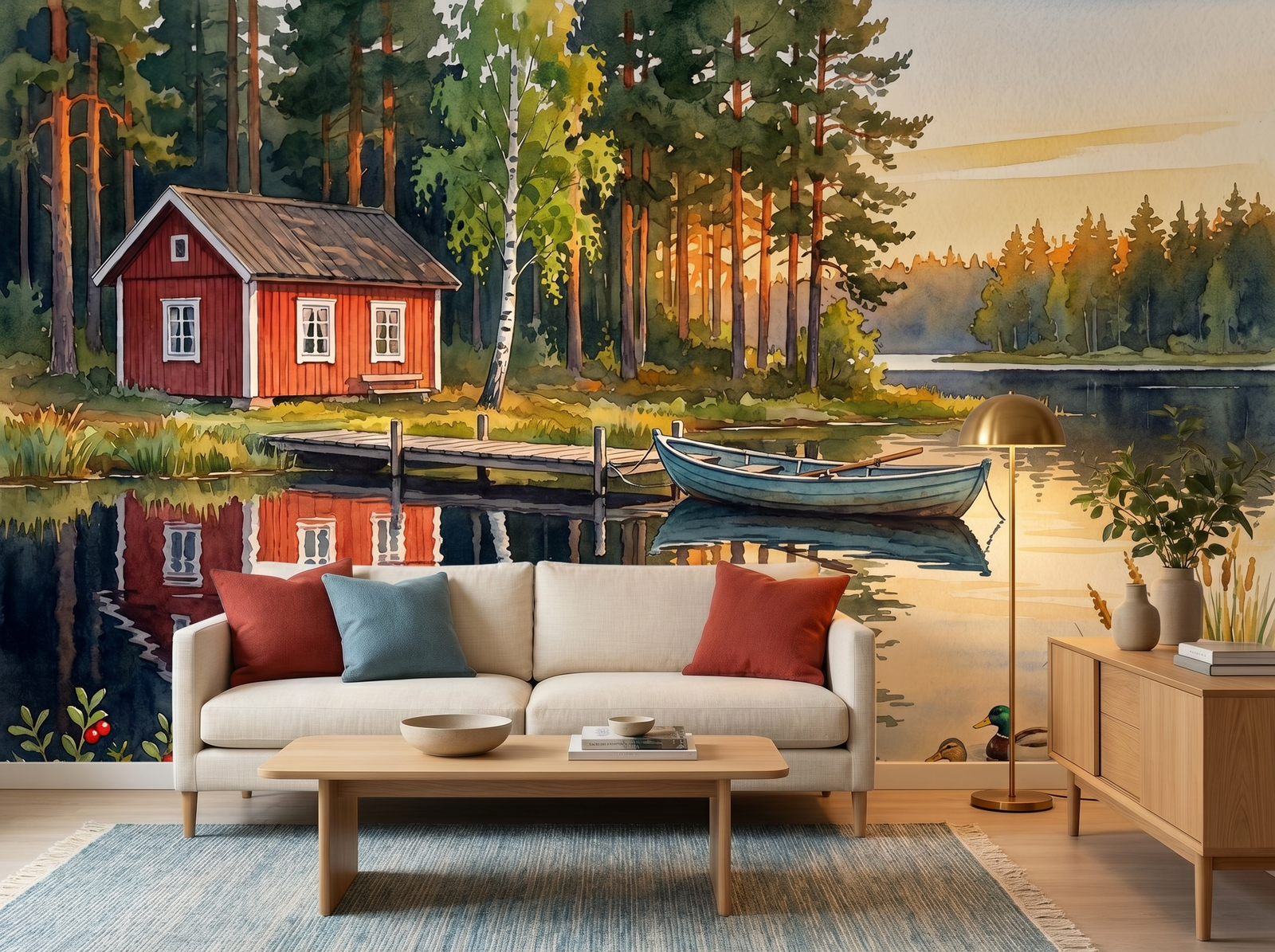 Swedish Lake scenic wallpaper mural on the feature wall of a Scandinavian living room, in a verdant green palette — The Wall Shawl.