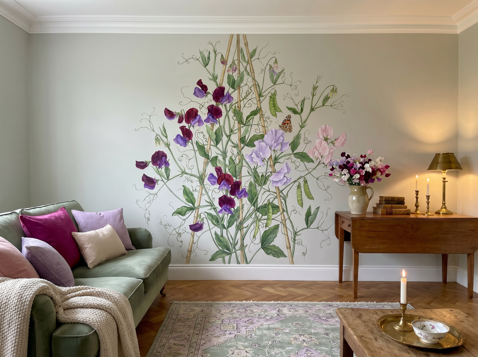 Sweet Pea Tangle scenic wallpaper mural on the feature wall of an English-country bedroom, in a soft grey palette — The Wall Shawl.