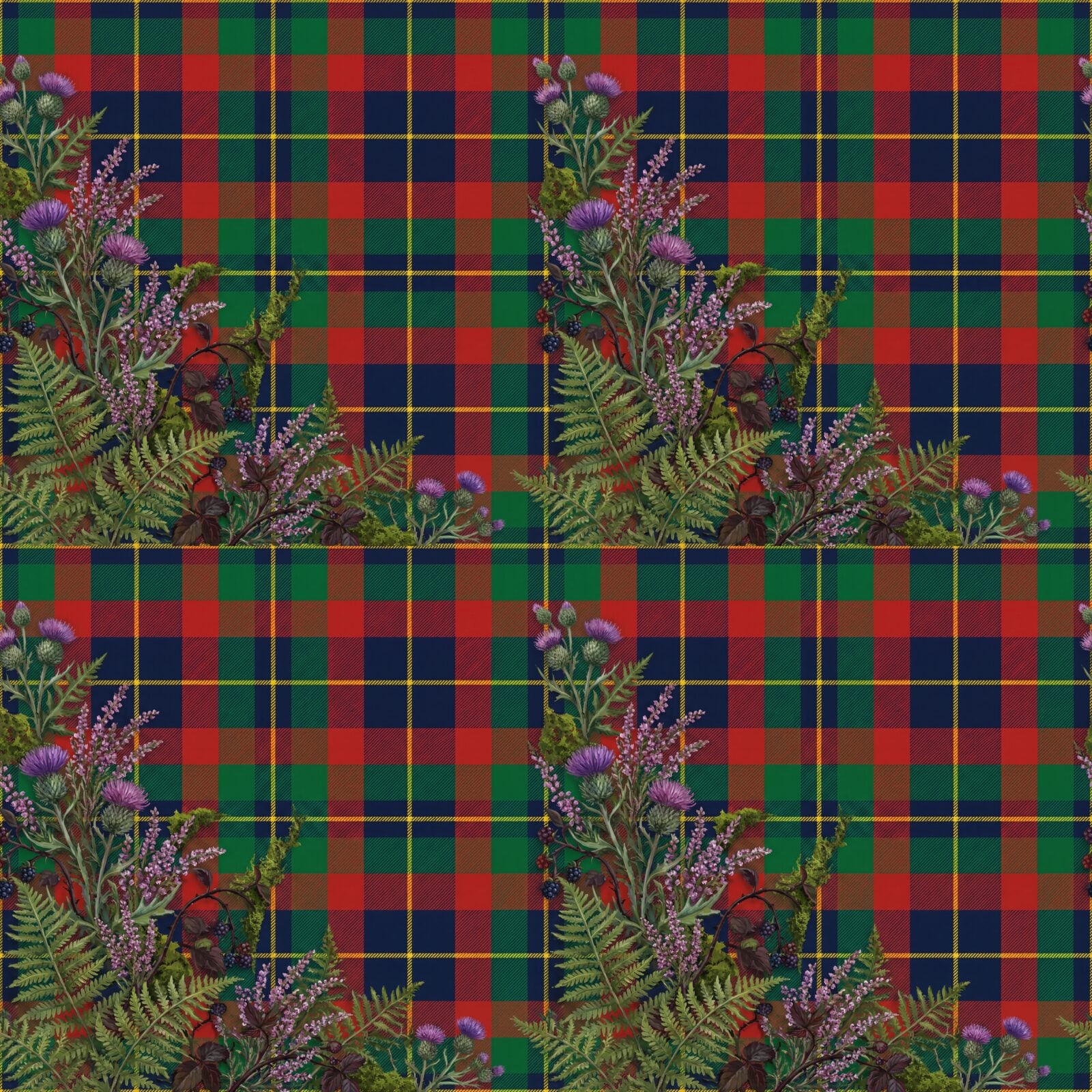 Experience a Scottish sporting lodge where tartan meets Highland flora. Featuring Tartan Red, Green, Navy, Yellow, Thistle Purple, Heather Pink. Made to order.