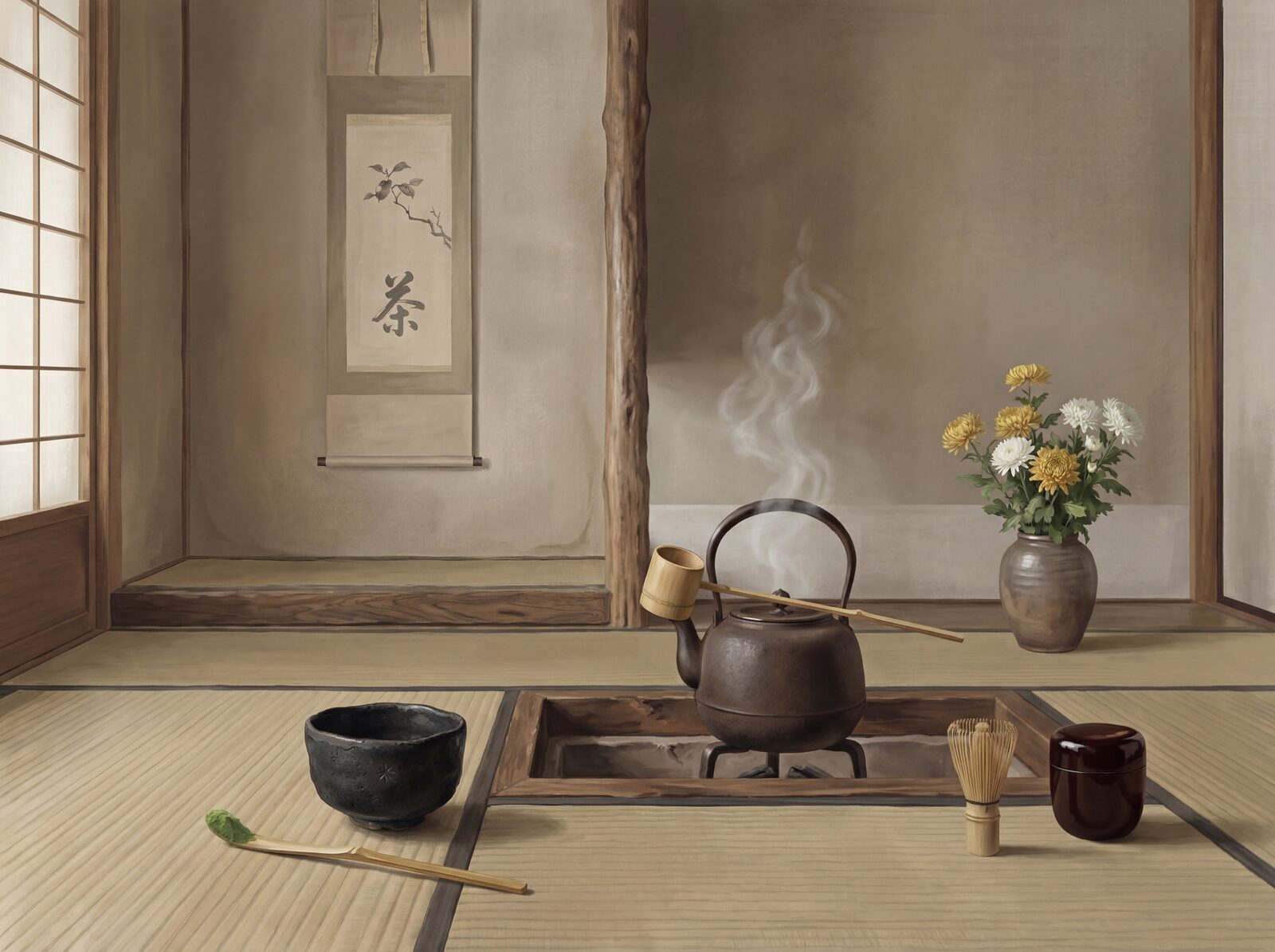 Scenic mural wallpaper featuring a serene tea ceremony scene with a palette of Tatami Straw, Raku Black, and Chrysanthemum Gold. Made to order.