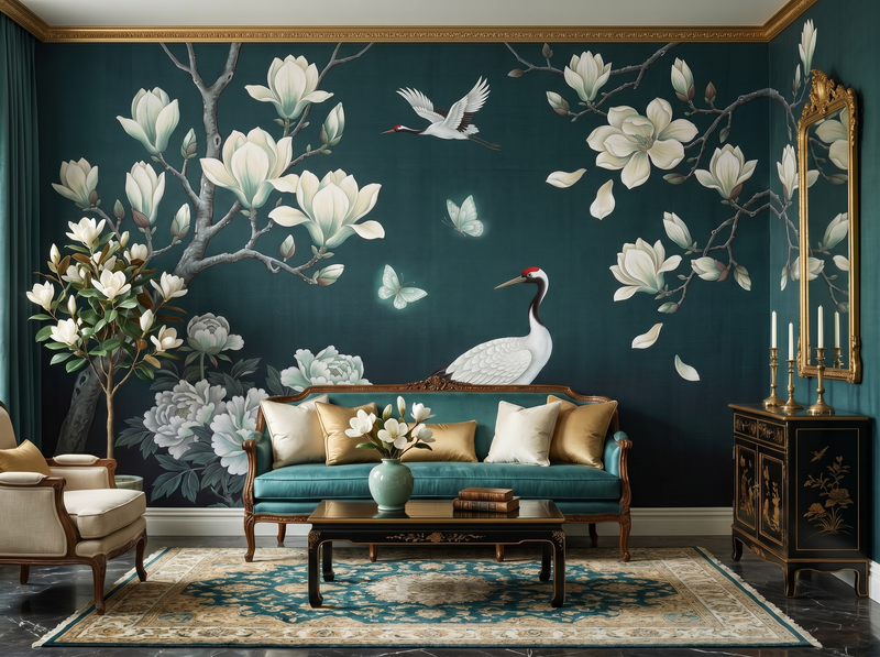 Cranes & Magnolia on Teal Silk — Scenic Mural Wallpaper