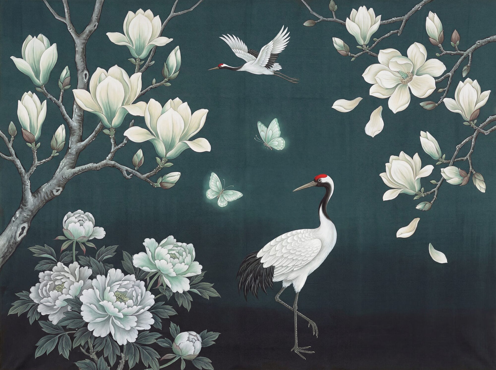 Chinoiserie scenic mural showing a standing red-crowned crane and magnolia branches with ivory blooms on a deep teal-verdigris ground, with a flying crane in the upper sky and peony cluster at lower left
