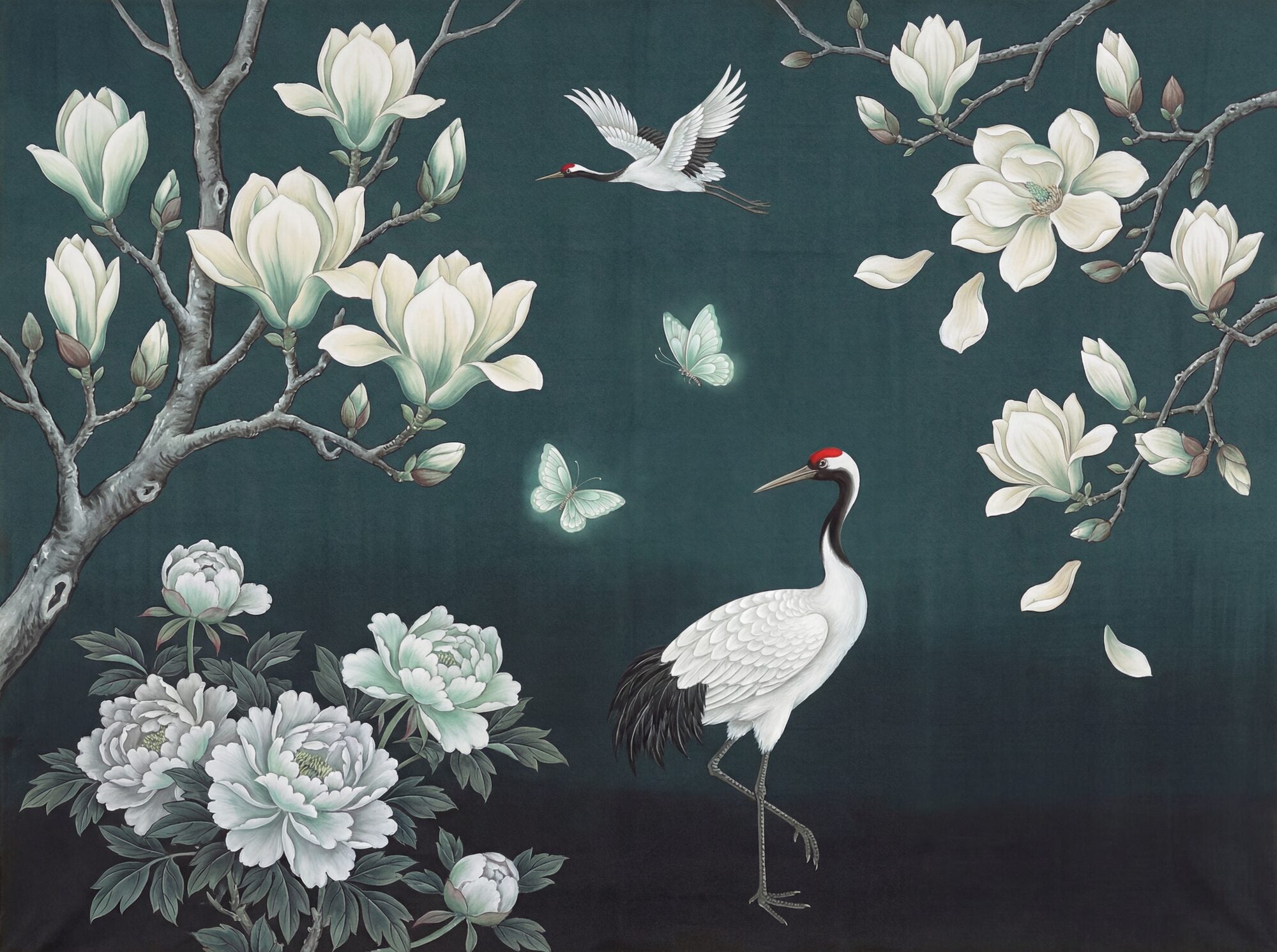 Chinoiserie scenic mural showing a standing red-crowned crane and magnolia branches with ivory blooms on a deep teal-verdigris ground, with a flying crane in the upper sky and peony cluster at lower left