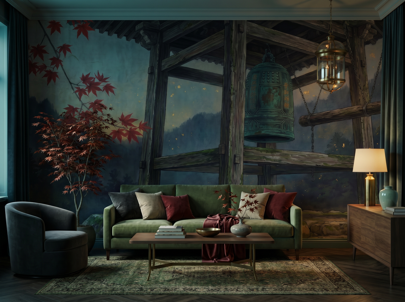 Temple Bell scenic wallpaper mural on the feature wall of a chinoiserie living room, in a verdant green palette — The Wall Shawl.
