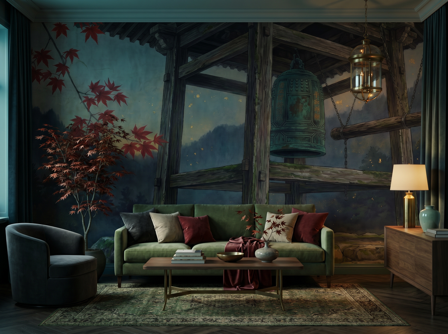 Temple Bell scenic wallpaper mural on the feature wall of a chinoiserie living room, in a verdant green palette — The Wall Shawl.