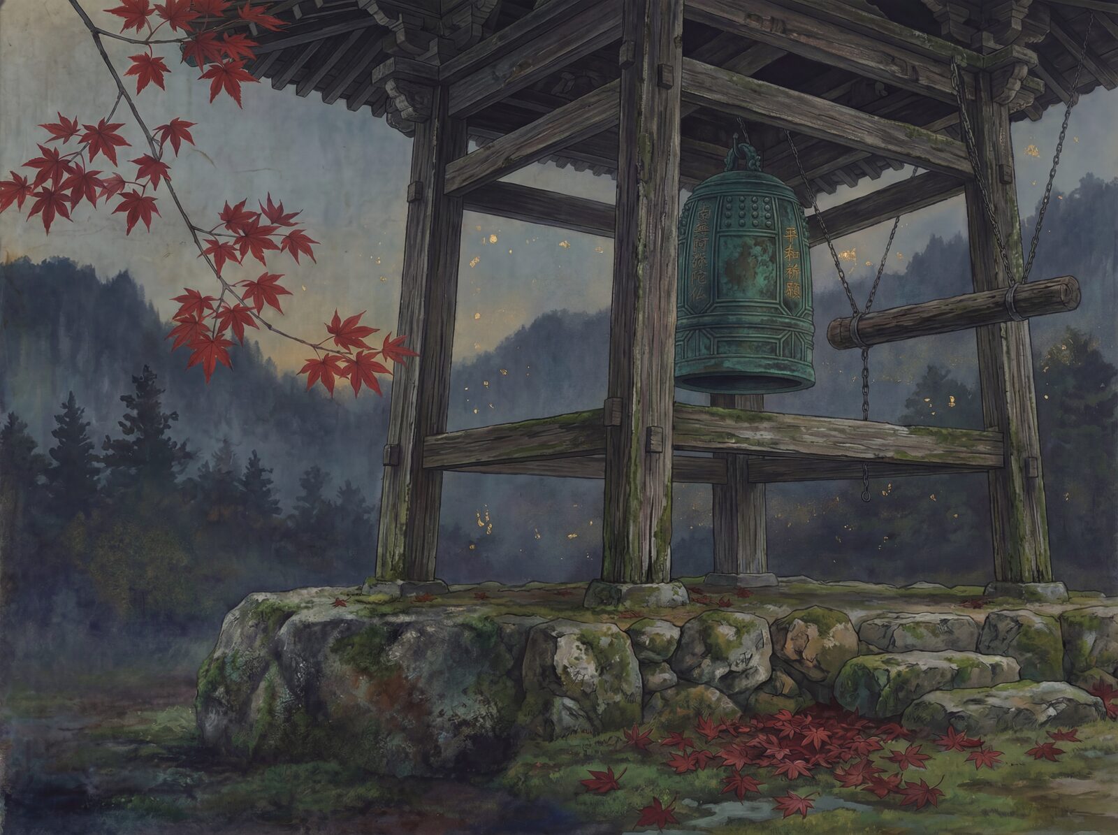 Scenic mural wallpaper in Temple Dark, Bell Bronze, and Maple Crimson. Made to order.