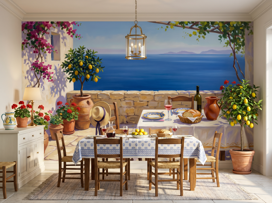 Terrace Dining scenic wallpaper mural on the feature wall of a Mediterranean dining room, in a soft grey palette — The Wall Shawl.