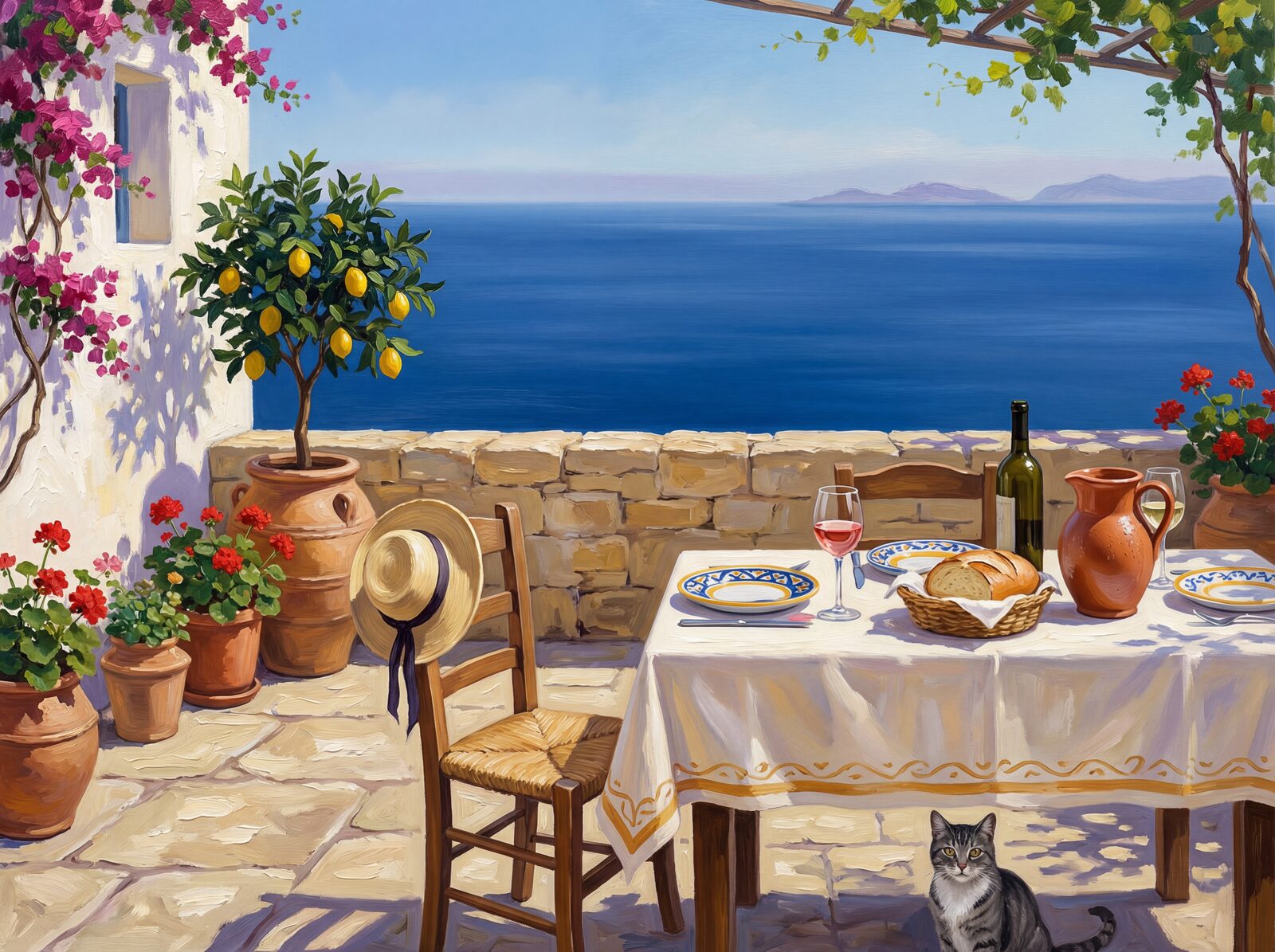 Scenic mural wallpaper in Linen White, Terrace Stone, and Deep Aegean. Made to order.
