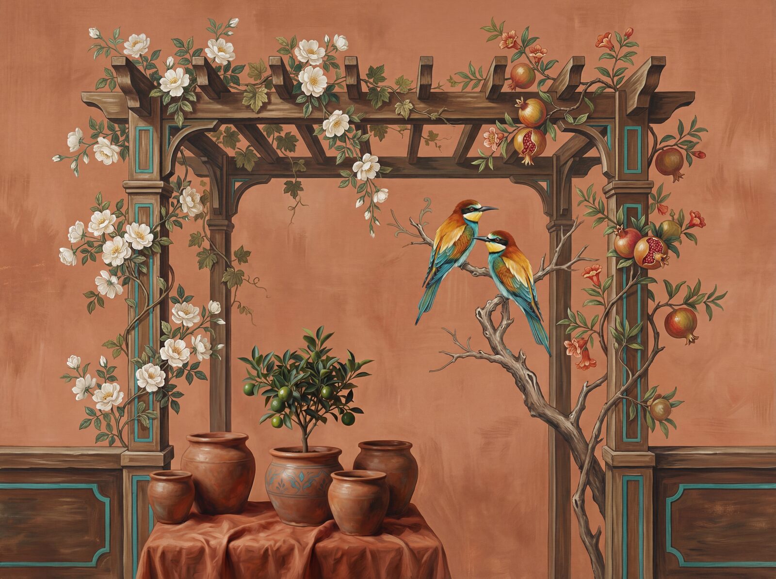 Vibrant Mediterranean scene with terracotta, turquoise, and gold hues. Made to order.
