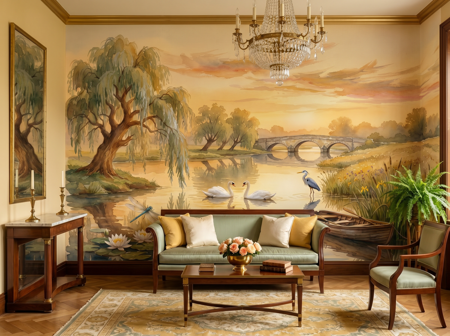 Thames at Kelmscott scenic wallpaper mural on the feature wall of an English-country bedroom, in a soft grey palette — The Wall Shawl.