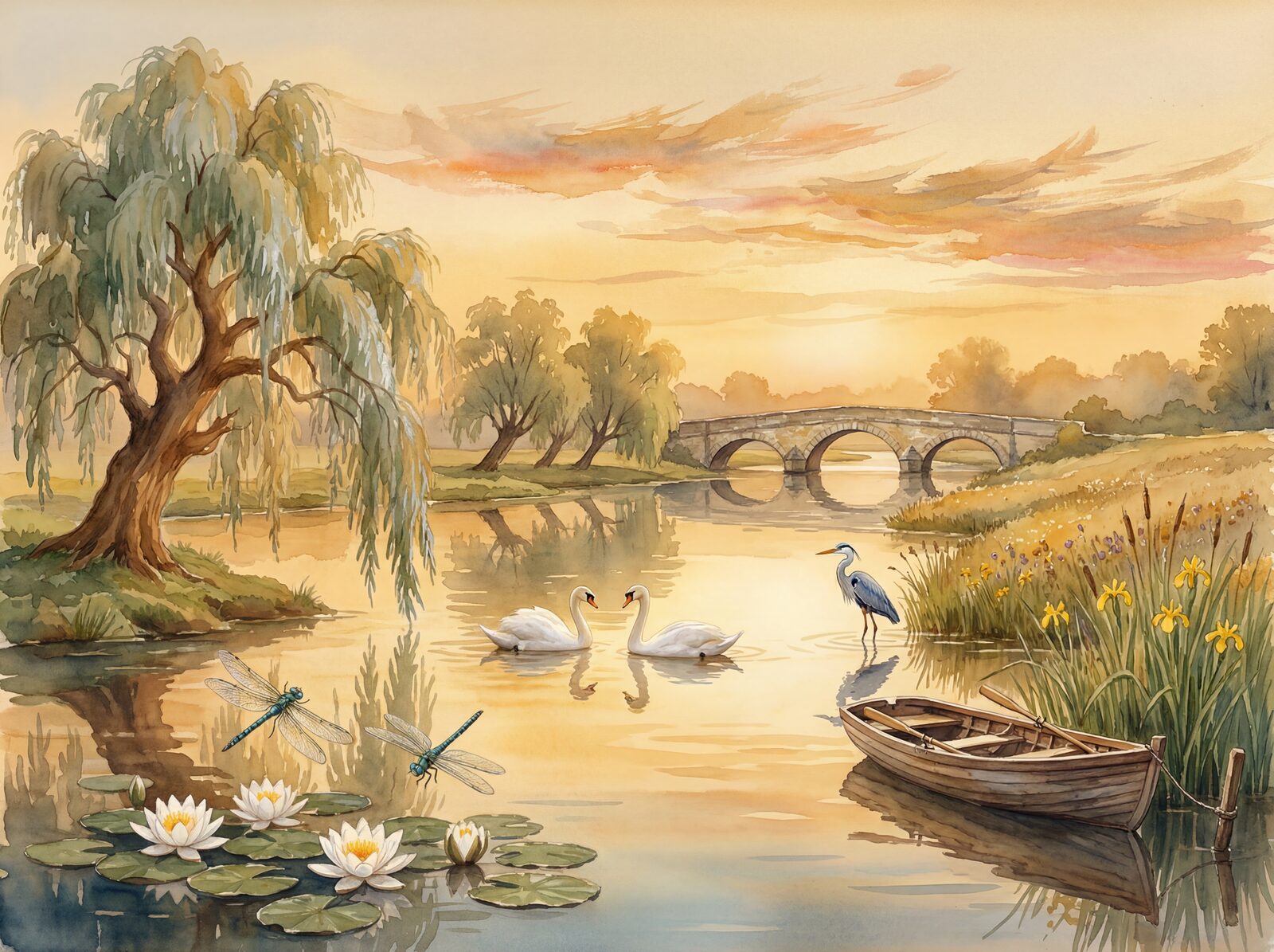 Scenic mural wallpaper with Evening Gold, Thames Reflect, and Willow Sage hues. Made to order.
