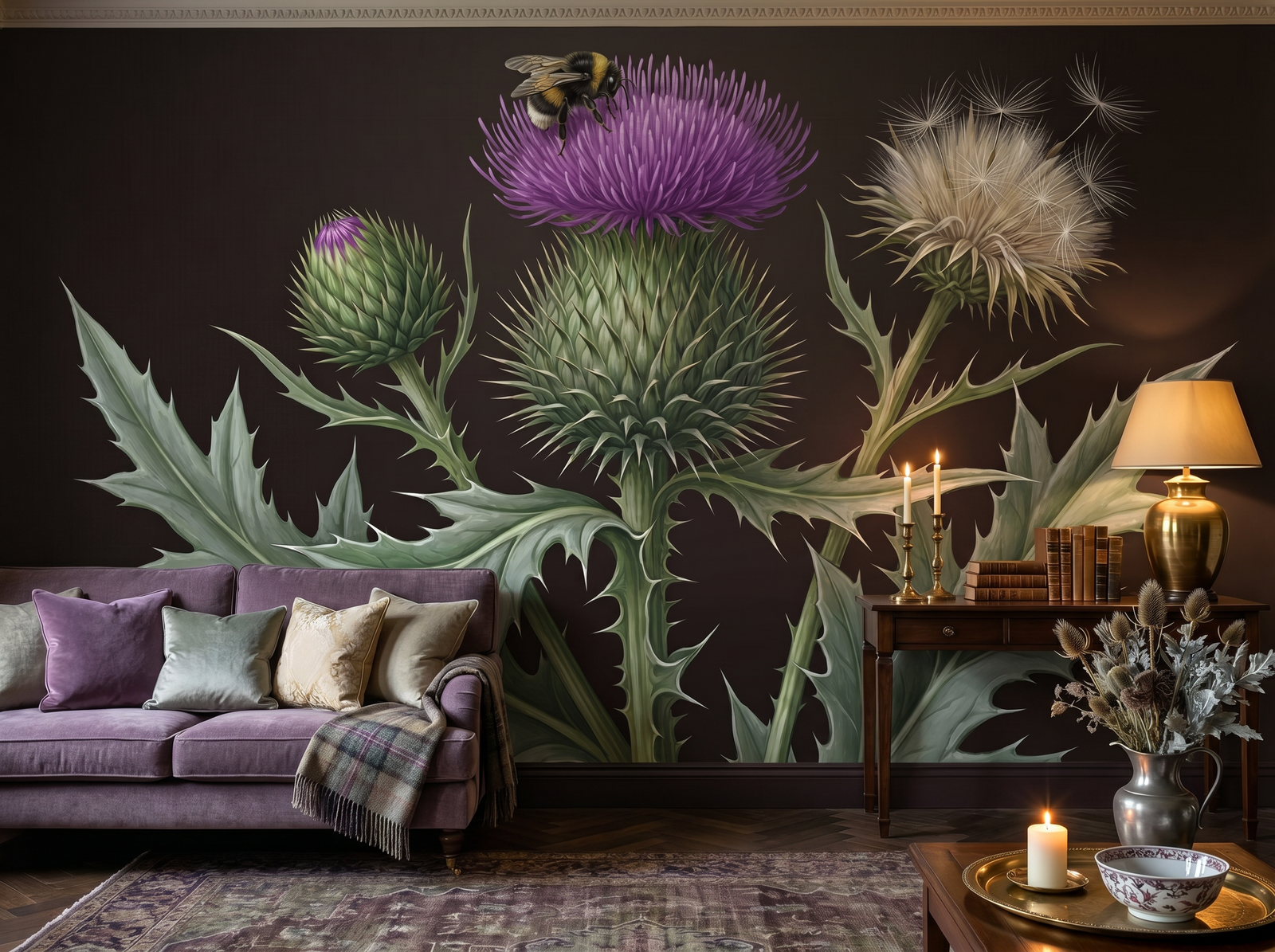 Thistle and Bee scenic wallpaper mural on the feature wall of an English-country study, in a moody black-and-charcoal palette — The Wall Shawl.