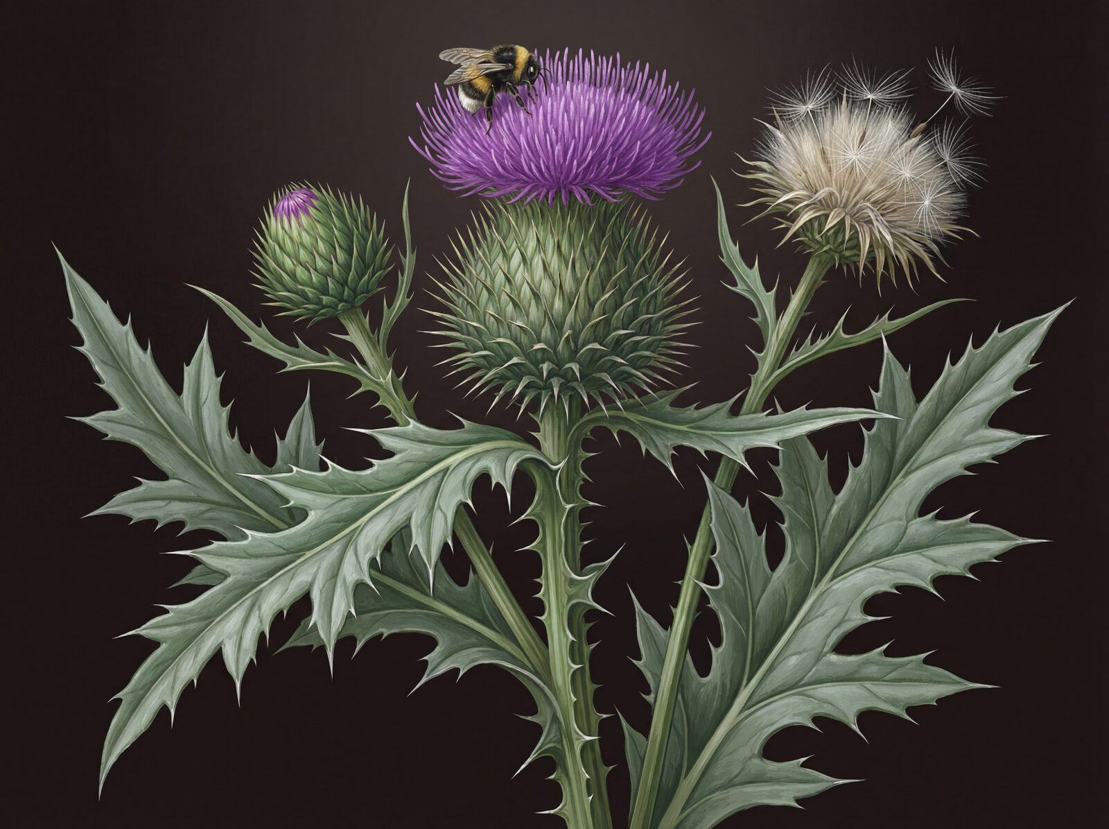 A defiant thistle with a nectar-gathering bee. Deep ground, purple, silver, and gold. Made to order.