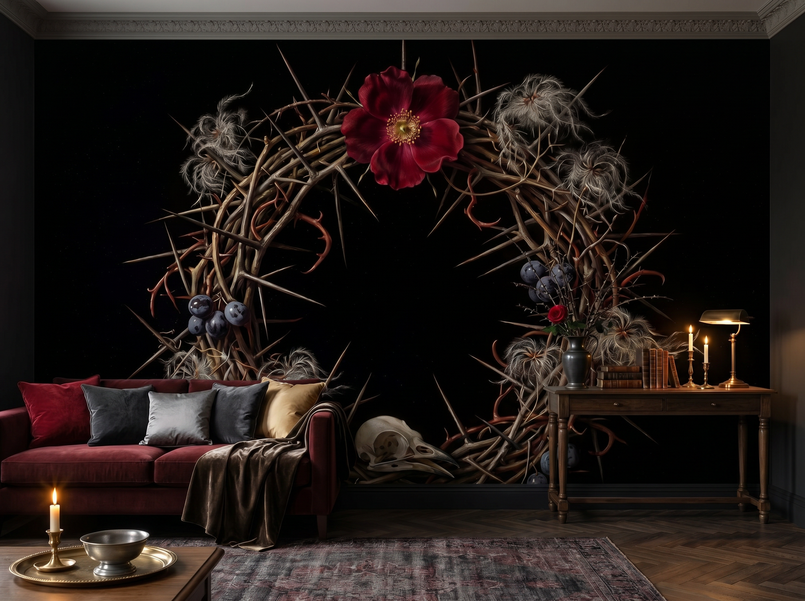 Thorned Crown scenic wallpaper mural on the feature wall of a dark-academia cloakroom, in a moody black-and-charcoal palette — The Wall Shawl.