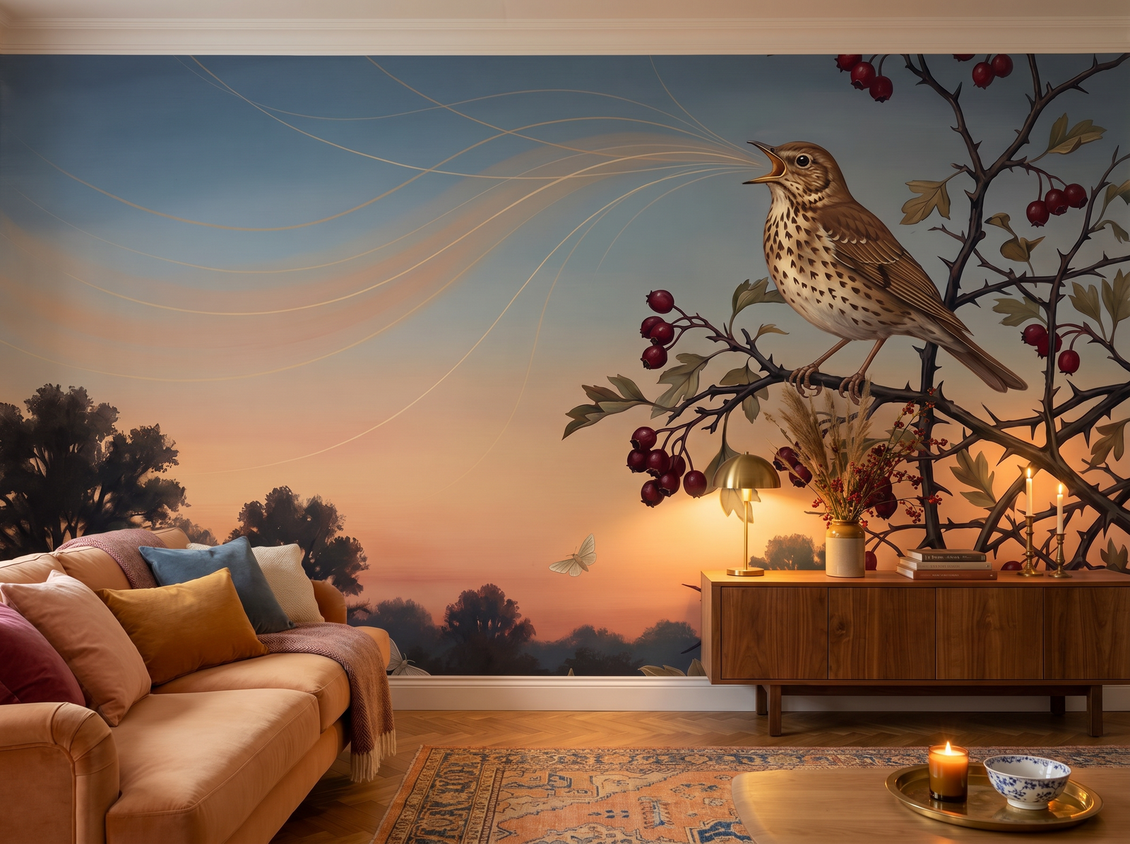 Thrush Song scenic wallpaper mural on the feature wall of an English-country bedroom, in a soft grey palette — The Wall Shawl.