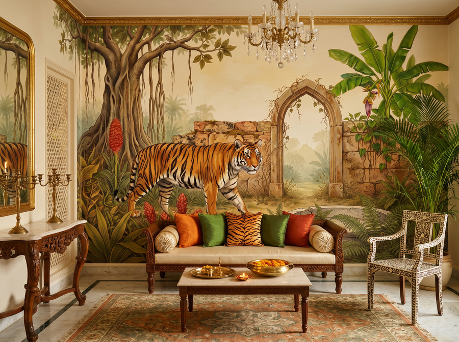 Tiger Garden scenic wallpaper mural on the feature wall of an English-country living room, in a soft grey palette — The Wall Shawl.
