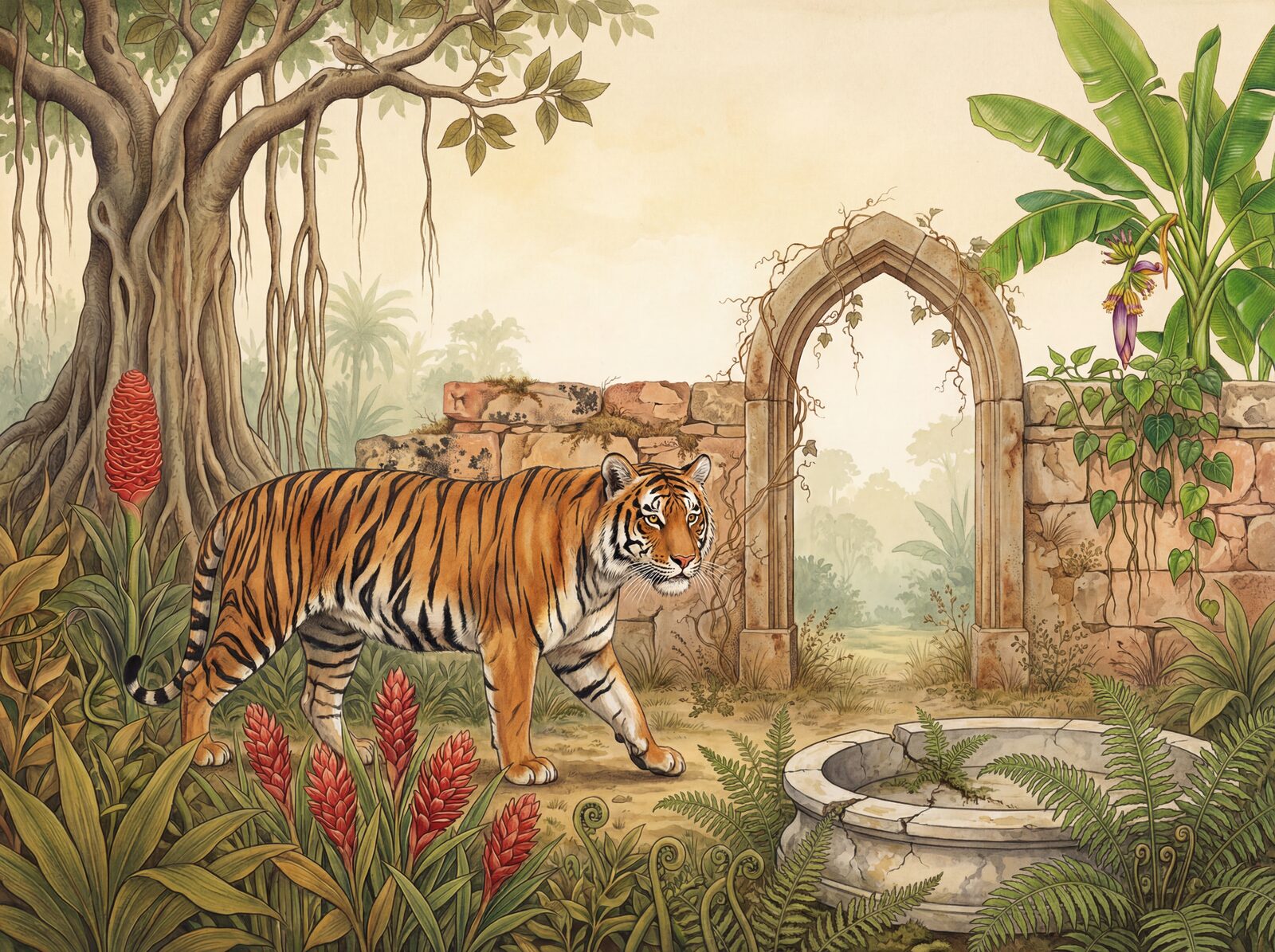 Vibrant mural wallpaper featuring a Bengal tiger in a tropical garden with Tiger Orange, Stripe Black, and Garden Green hues. Made to order.