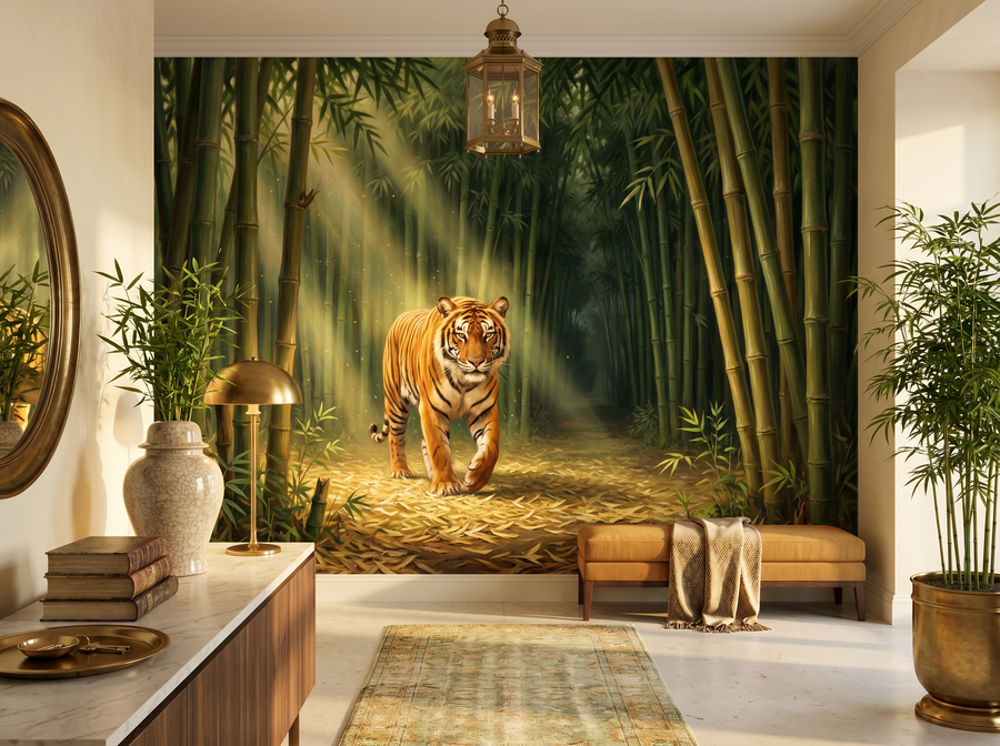 Tiger in Bamboo scenic wallpaper mural on the feature wall of a chinoiserie dining room, in a golden yellow-and-ochre palette — The Wall Shawl.