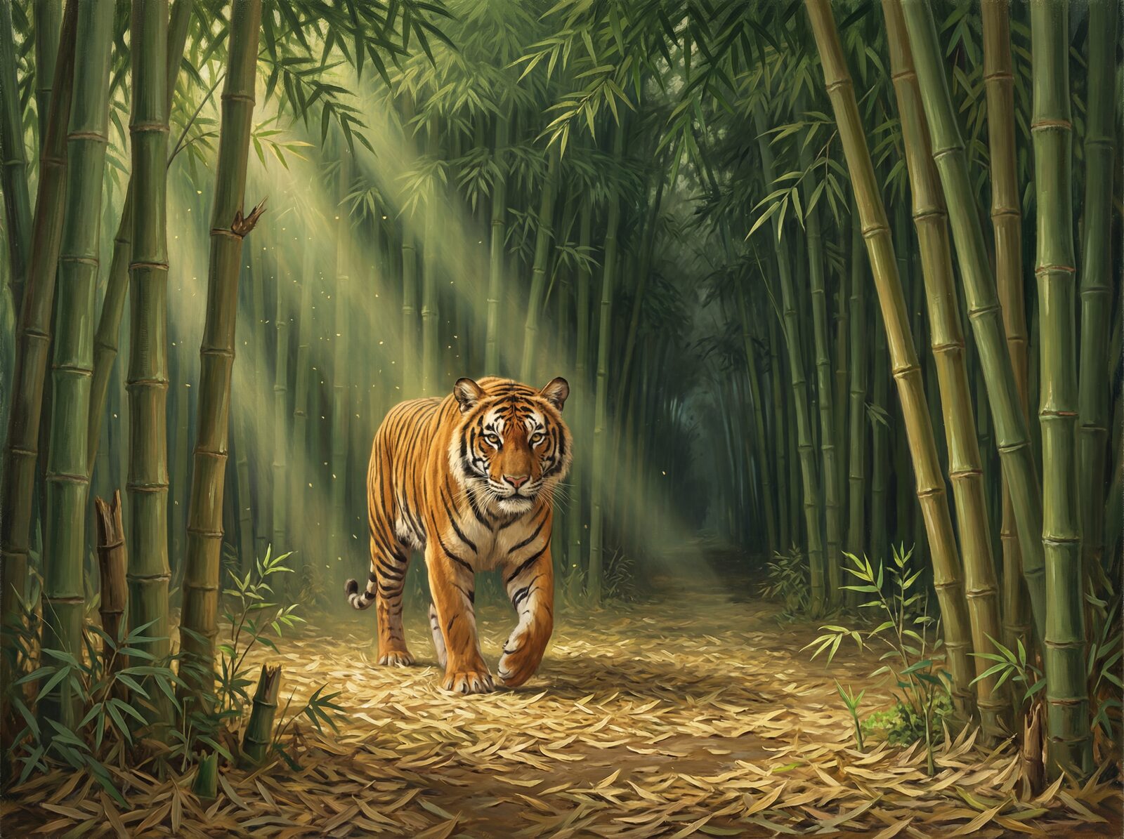 Immersive tiger mural with Tiger Orange, Stripe Black, and Bamboo Jade palette. Made to order.