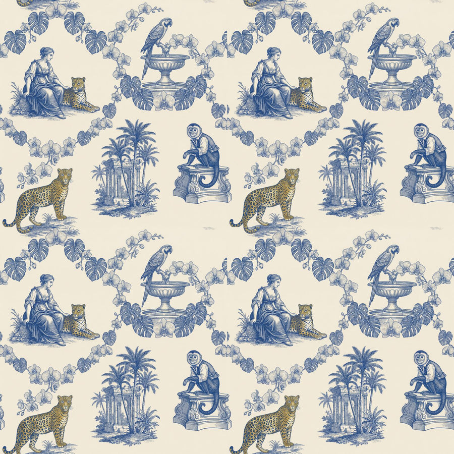 Experience toile de Jouy reimagined with tropical flora and fauna in Toile Blue, Jungle Green, and Leopard Gold. Made to order.