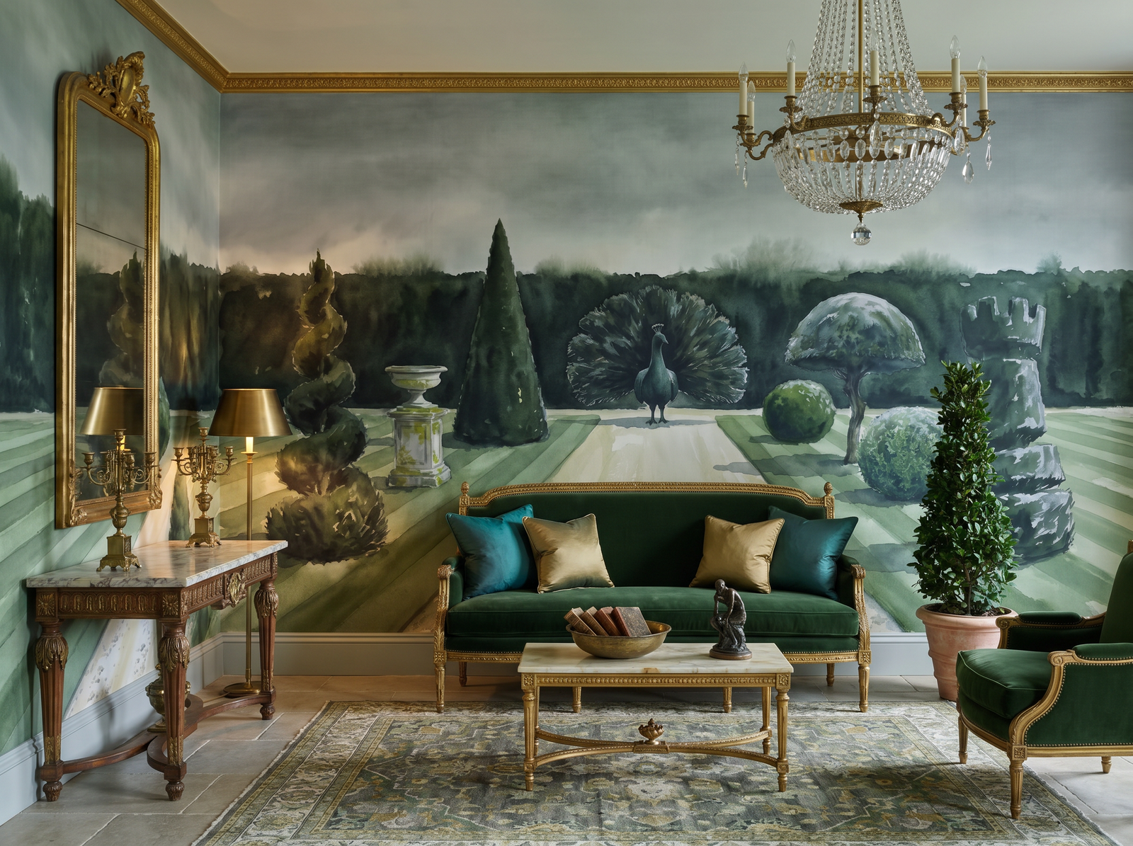 Topiary Garden scenic wallpaper mural on the feature wall of an English-country entrance hall, in a moody black-and-charcoal palette — The Wall Shawl.
