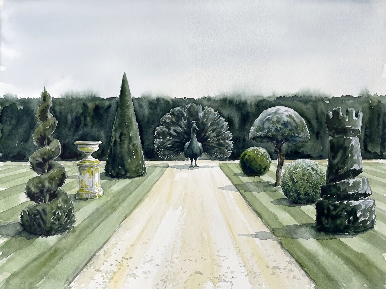 Scenic mural wallpaper featuring topiary forms in Yew Dark, Box Mid Green, and Lawn Stripe. Made to order.