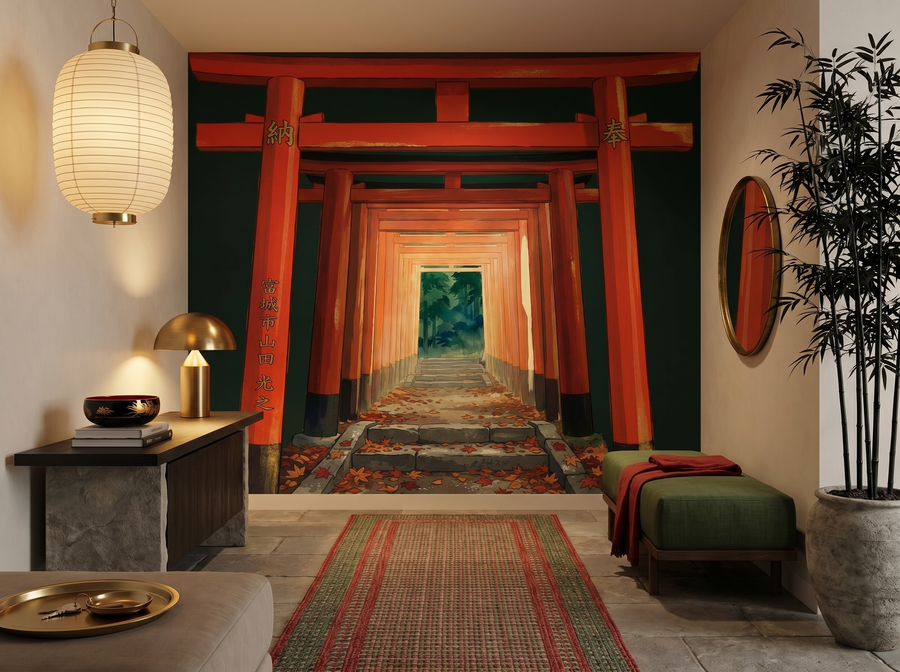 Torii Gate scenic wallpaper mural on the feature wall of a chinoiserie living room, in a moody black-and-charcoal palette — The Wall Shawl.