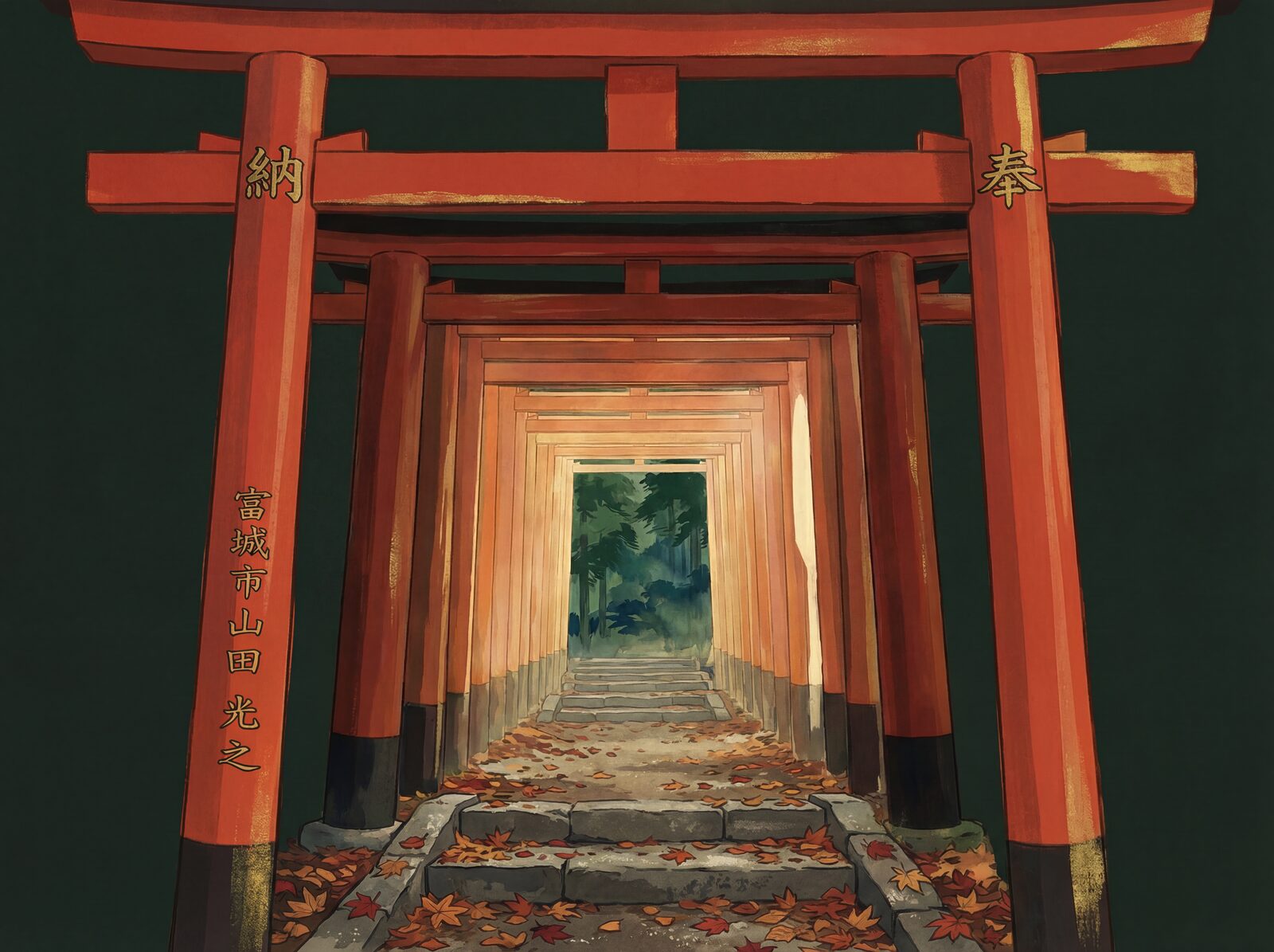 Immersive scenic mural with Forest Shadow, Torii Vermilion, and Sacred Gold. Made to order.