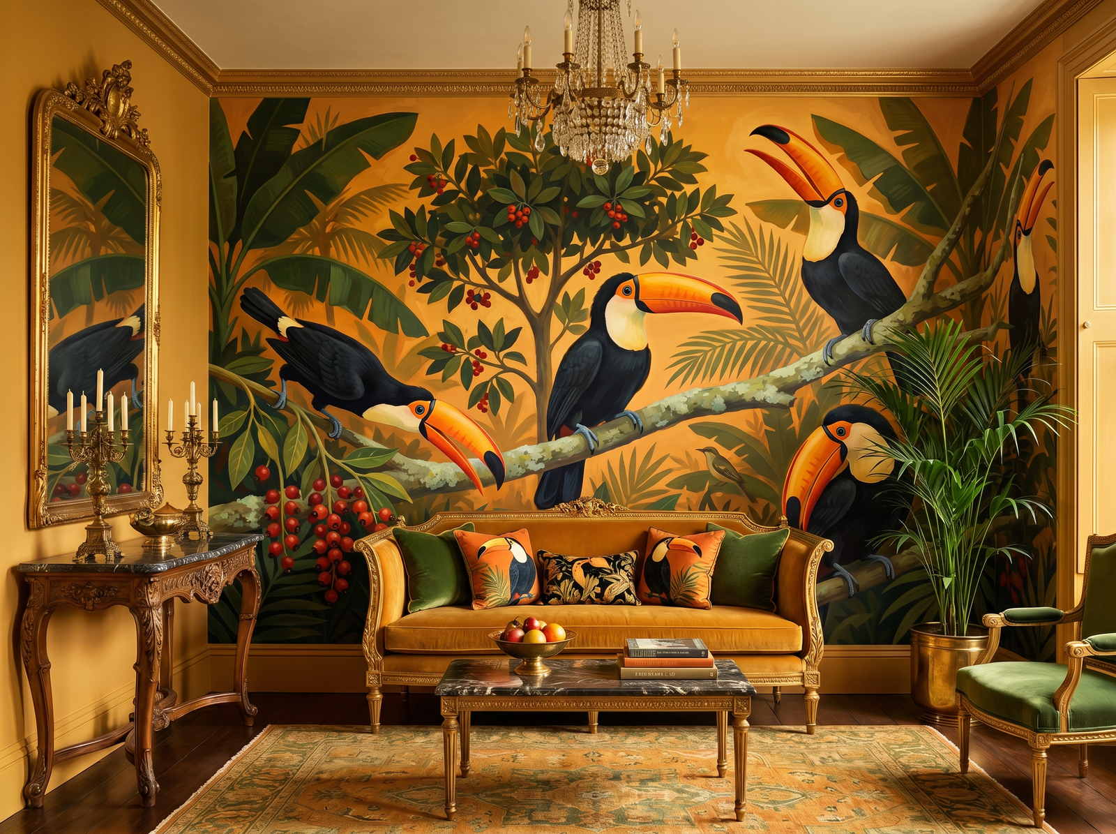 Toucan Assembly scenic wallpaper mural on the feature wall of an English-country kitchen, in a moody black-and-charcoal palette — The Wall Shawl.
