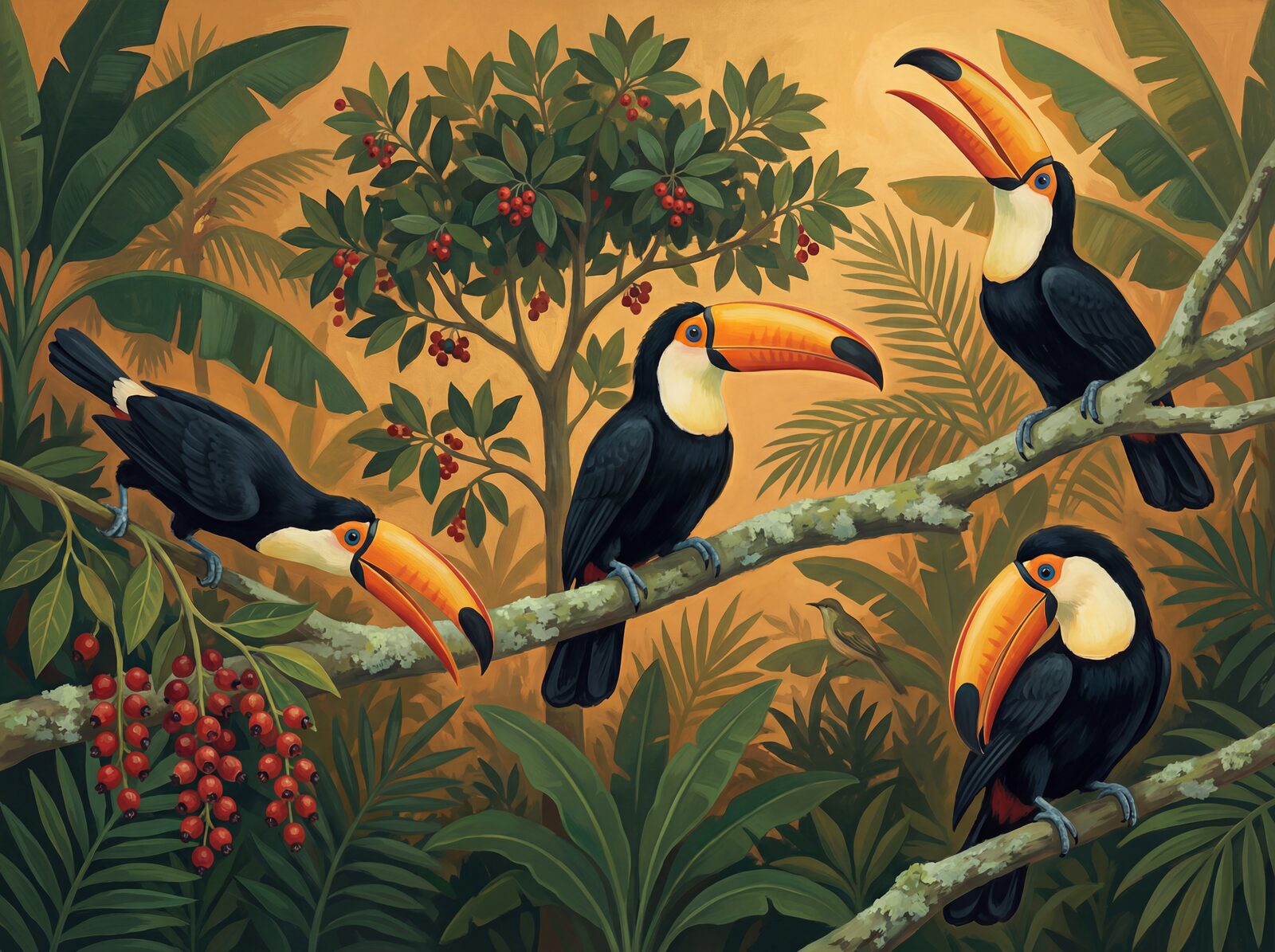 Vibrant tropical mural with orange, yellow, black, and green hues. Made to order.