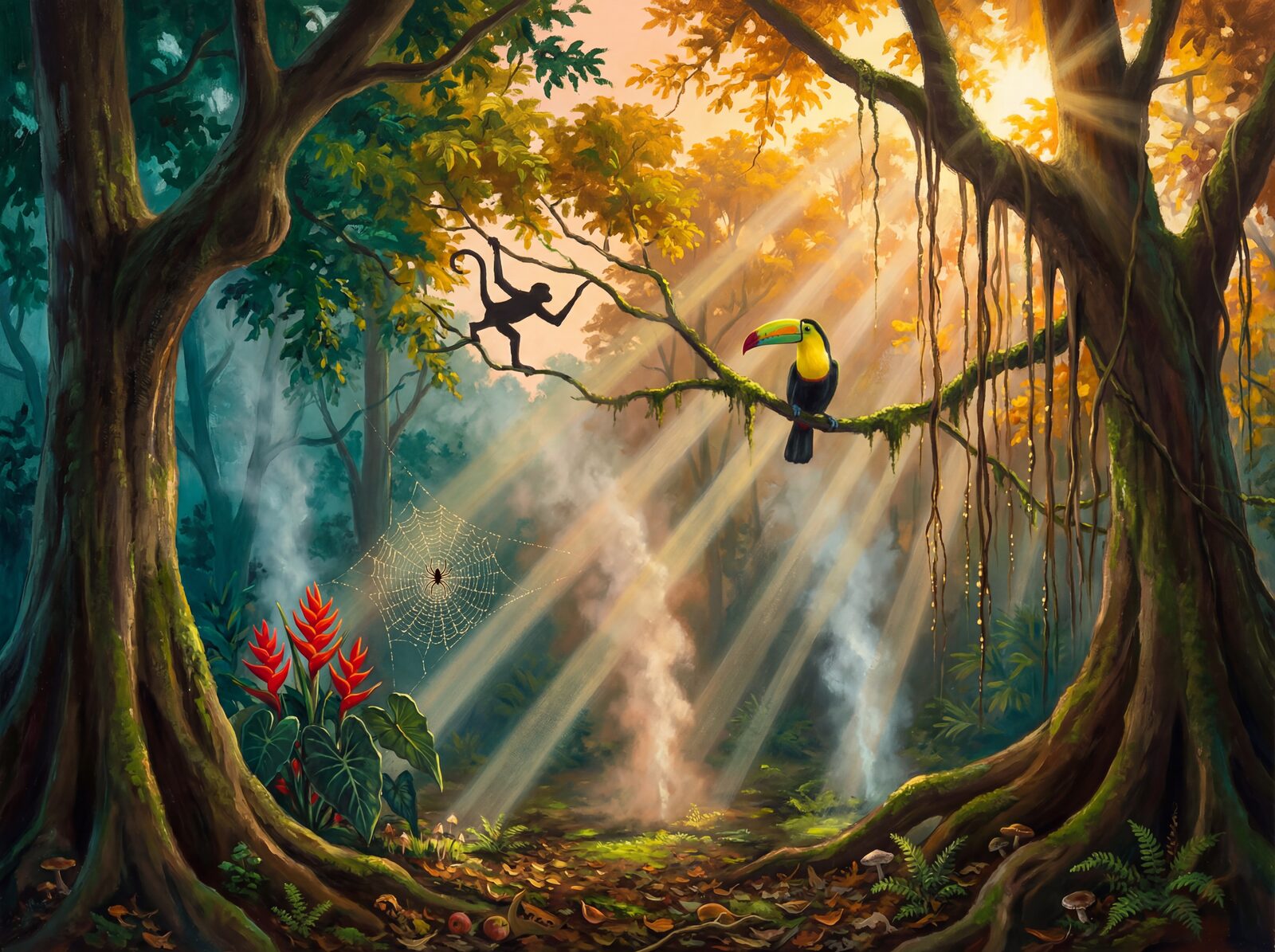 Immersive jungle scene with Dawn Gold, Canopy Emerald, and Shadow Teal. Made to order.