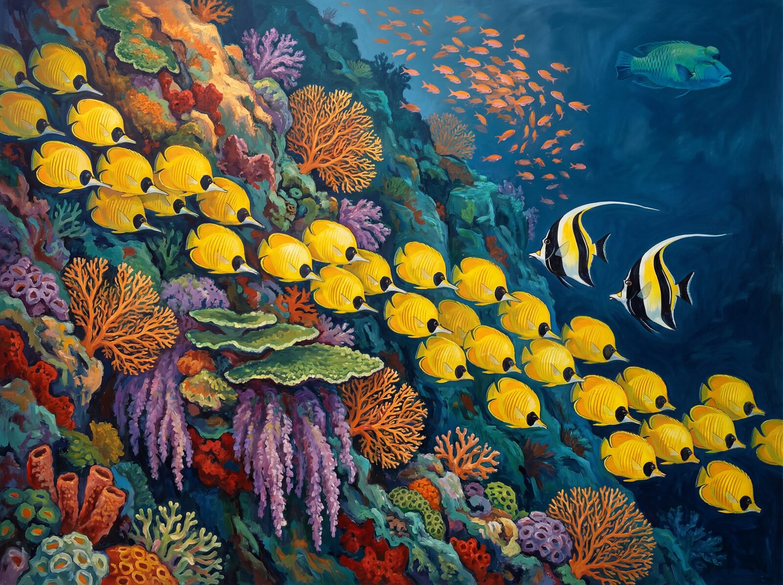 Immerse yourself in a vibrant underwater ballet of yellow butterflyfish, pink anthias, and purple corals. Made to order.