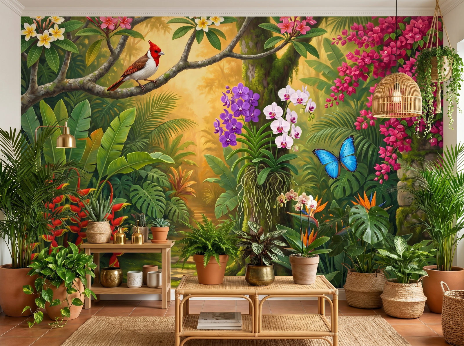 Tropical Garden scenic wallpaper mural on the feature wall of a tropical dining room, in a cool blue palette — The Wall Shawl.