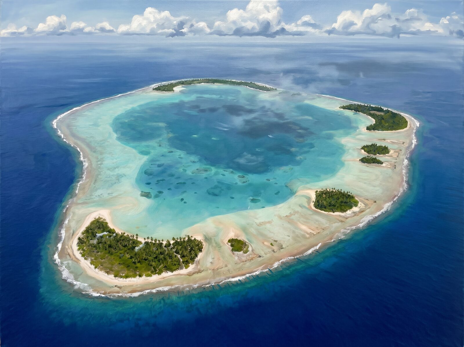 A scenic mural of a Polynesian atoll with Lagoon Pale, Turquoise, and Ocean Cobalt hues. Made to order.