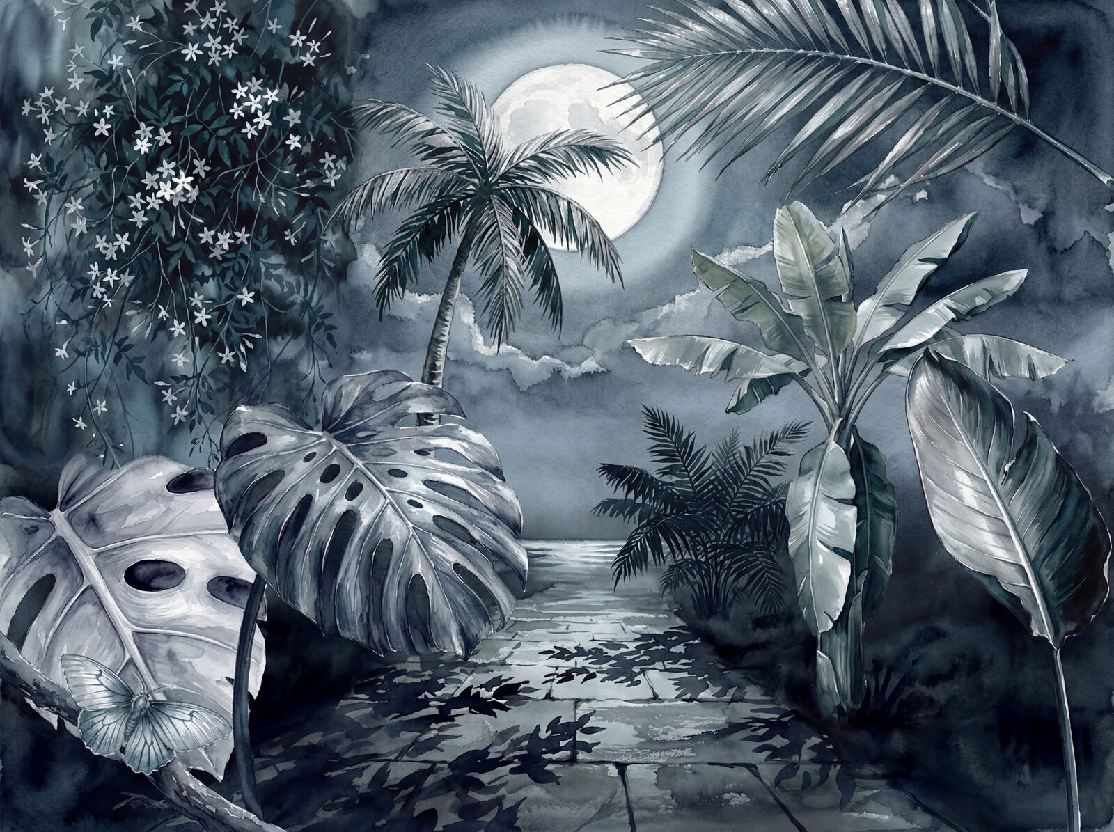 Tropical garden in moonlight, with palette of blues and silvers. Made to order.