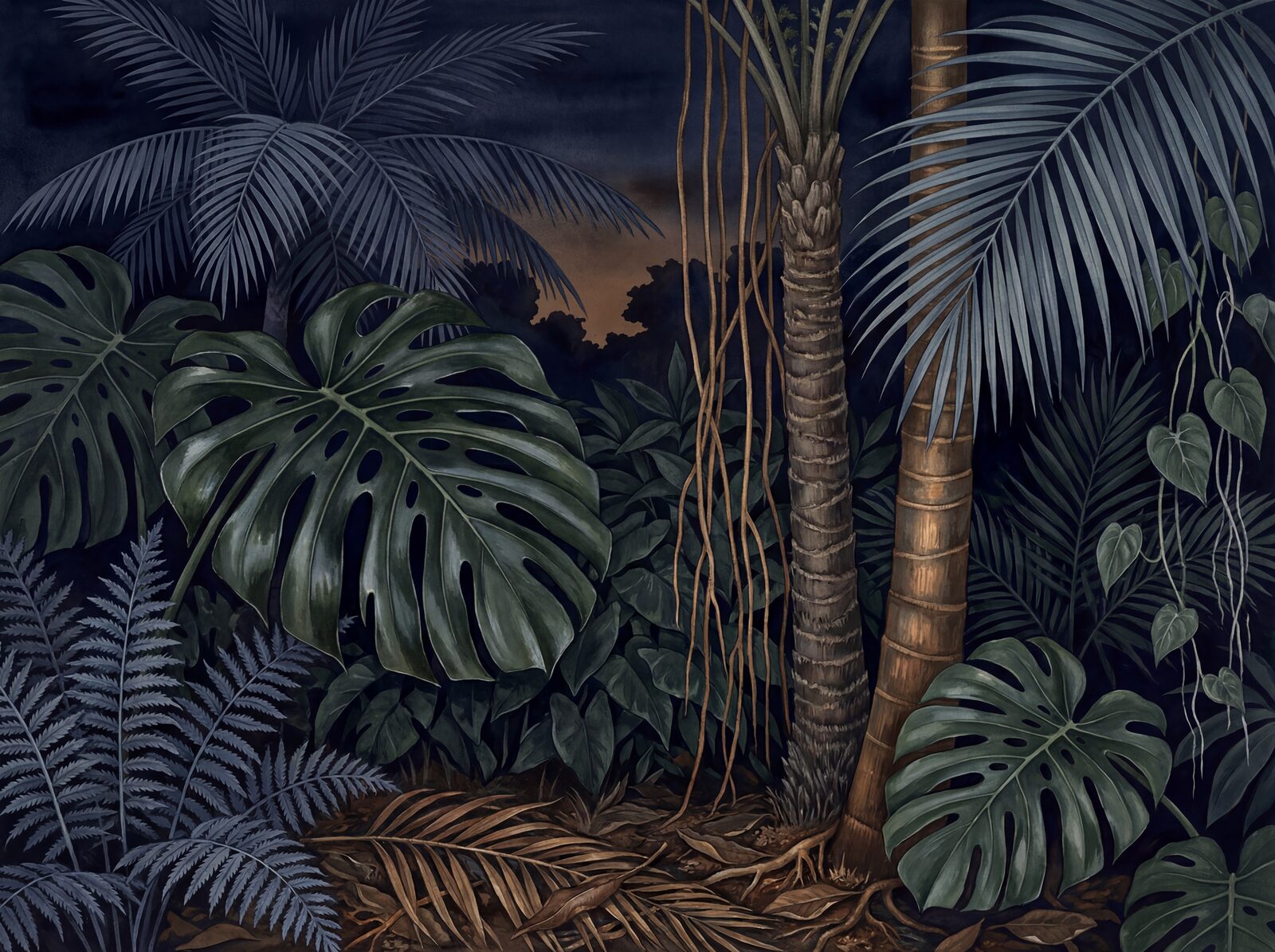 Immersive tropical scene in Midnight Black, Monstera Dark, and Palm Silhouette hues. Made to order.