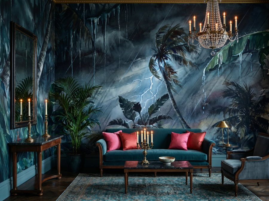 Tropical Storm scenic wallpaper mural on the feature wall of a tropical living room, in a moody black-and-charcoal palette — The Wall Shawl.