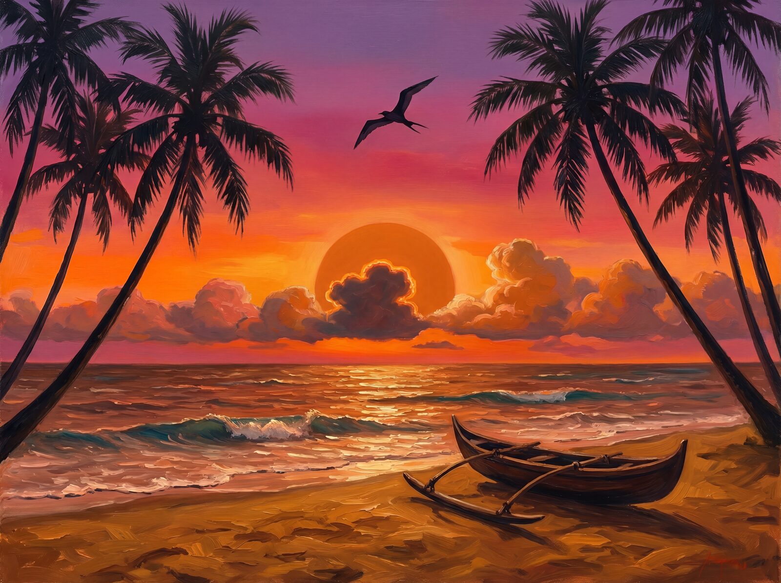 Vibrant equatorial sunset wallpaper with Tangerine Sky, Magenta Burn, and Copper Sea hues. Made to order.
