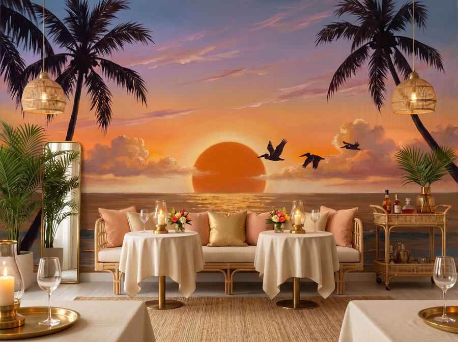 Tropical Sunset Beach scenic wallpaper mural on the feature wall of a tropical bedroom, in a warm orange palette — The Wall Shawl.