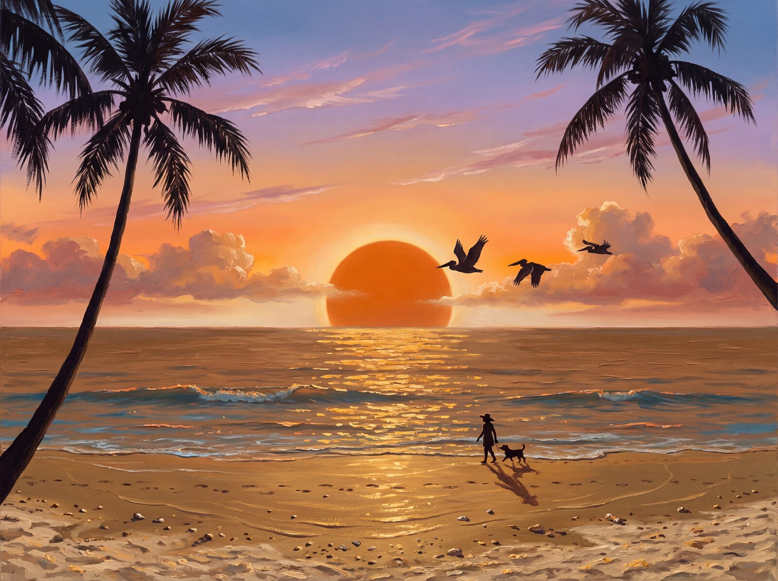 Tropical sunset mural with Sun Orange, Horizon Salmon, and Zenith Blue. Made to order.